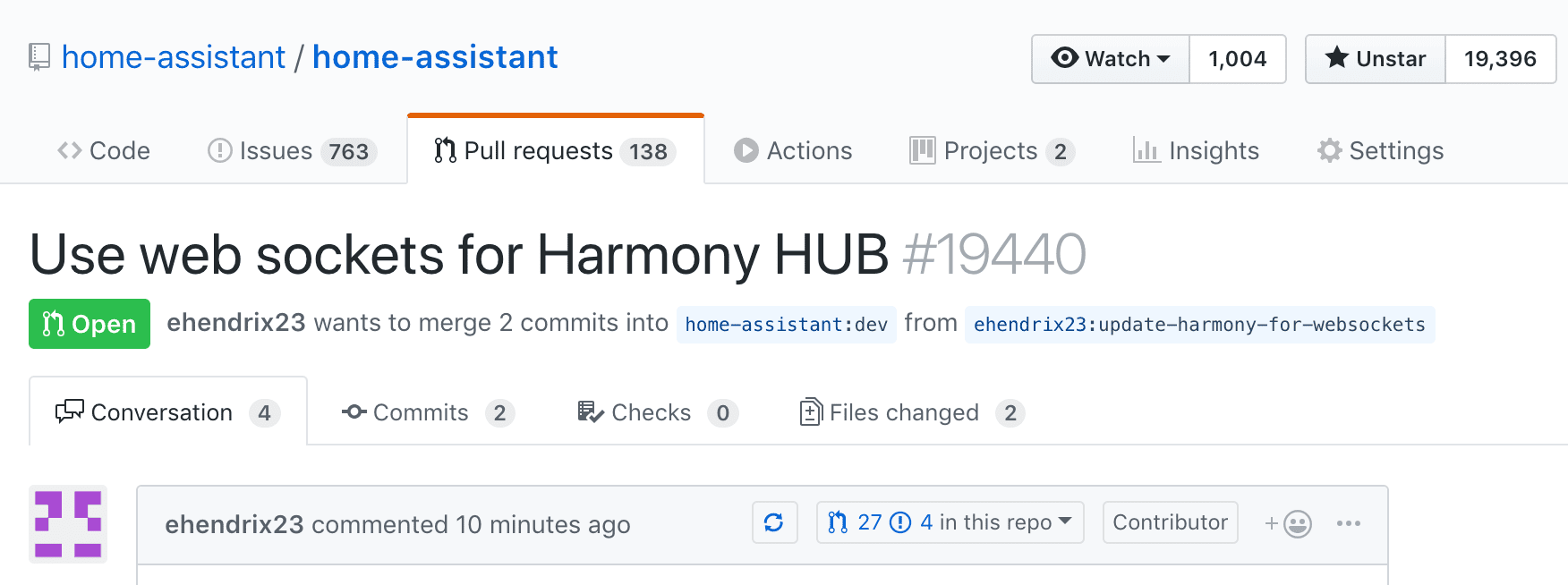 Screenshot of GitHub.com showing a pull request to KS Assistant to update their Logitech Harmony integration to use the local websocket API.