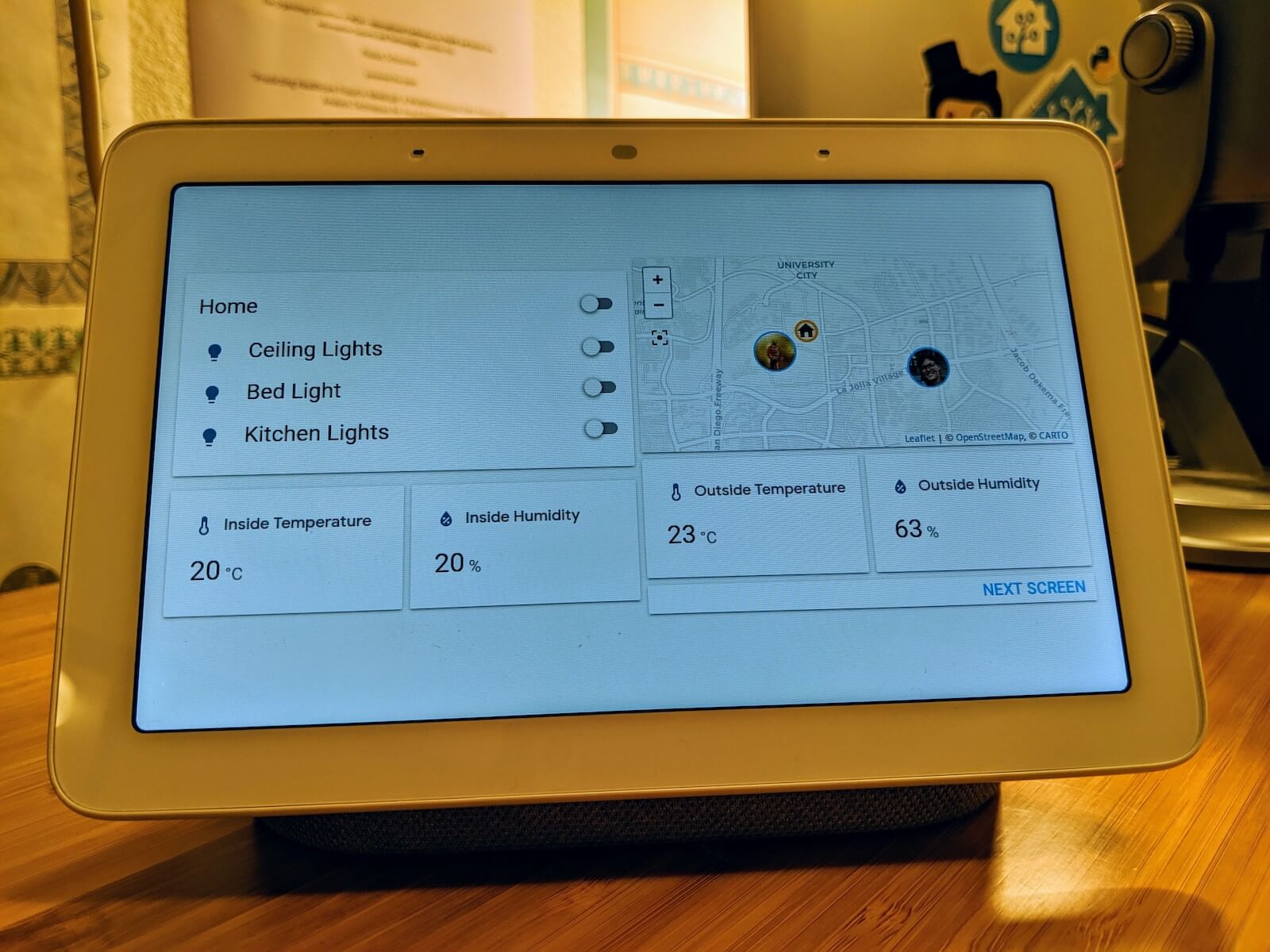 Photo of a Google Nest Hub running the KS Assistant Cast interface.