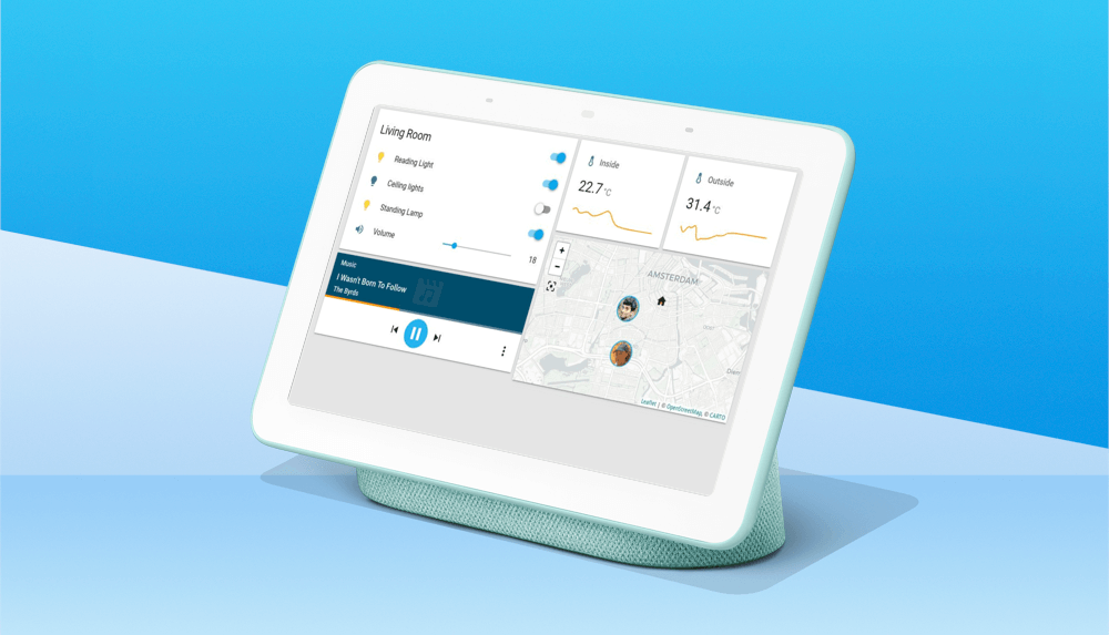Picture of a Google Nest Hub with the KS Assistant UI on it.