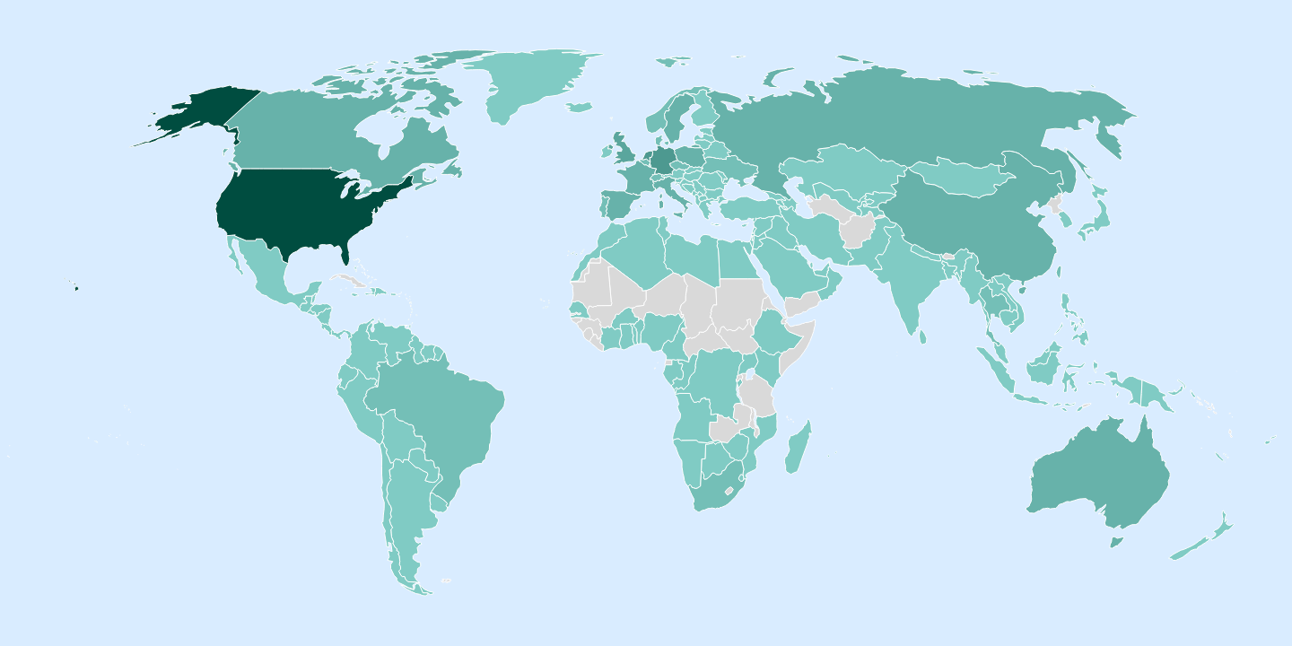 World map colored by number of KS Assistant users in each country