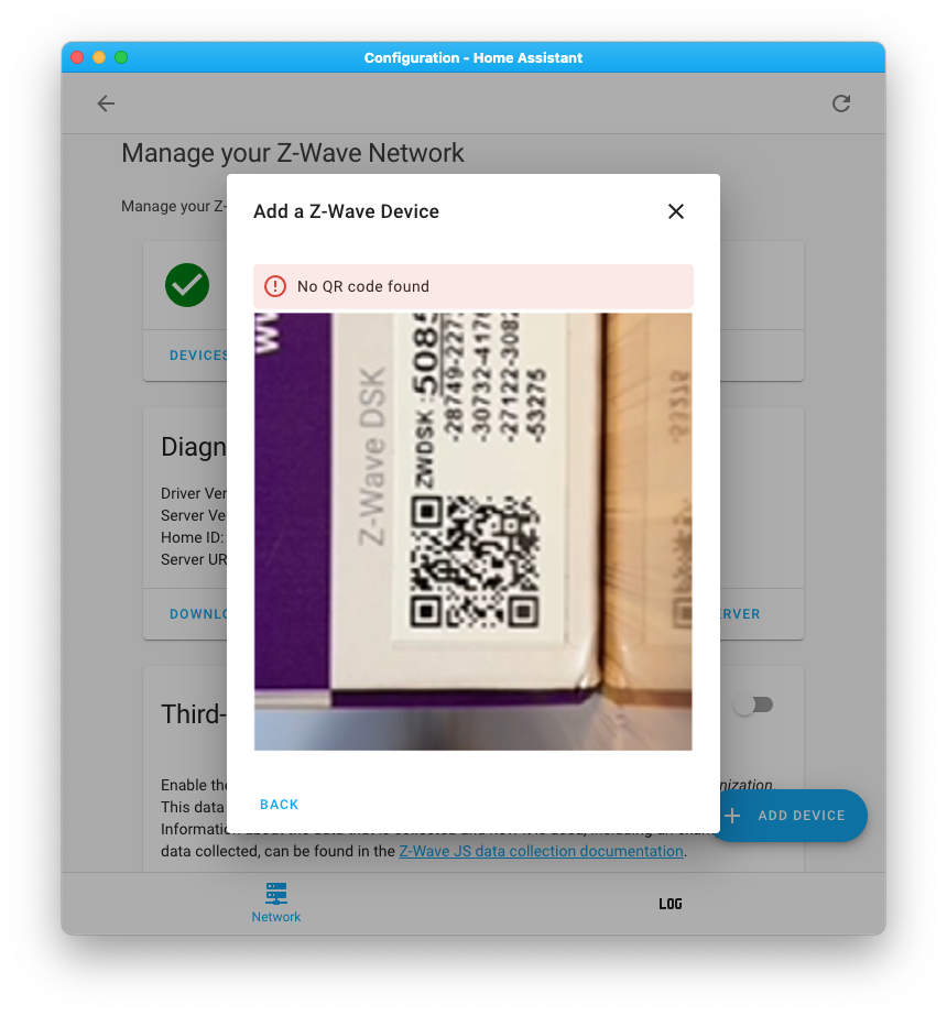 Screenshot of scanning the QR code to add a Z-Wave SmartStart device in KS Assistant.
