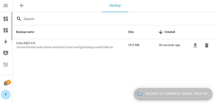 Screenshot showing backup creation in progress on a KS Assistant Core installation type.