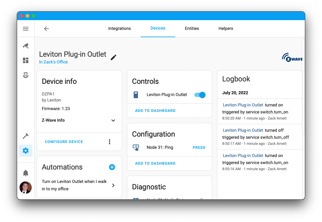 Leviton device page in KS Assistant
