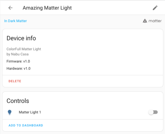 A screenshot of a Matter device showing up in KS Assistant