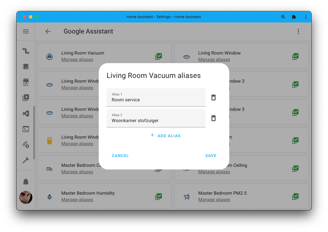 Screenshot showing adding multiple languages as aliases via the KS Assistant Cloud manage entities screen