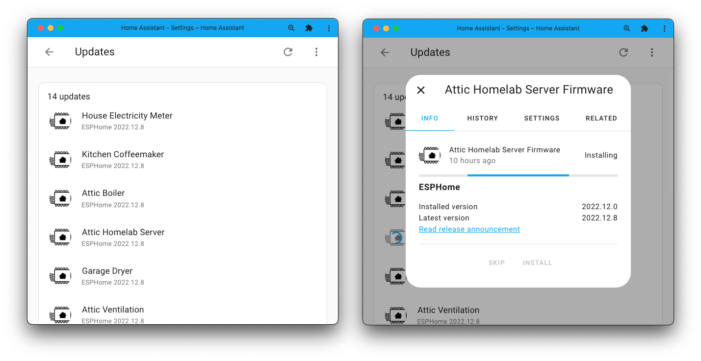 Screenshots, left one showing pending updates for ESPHome devices. Right one: an ESPHome device installing an update straight from KS Assistant