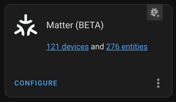 Screenshot showing the KS Assistant Matter integration card, with lots of devices and entities; brought in by Hue bridges.