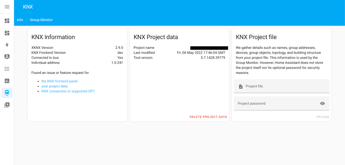 The KNX panel in KS Assistant