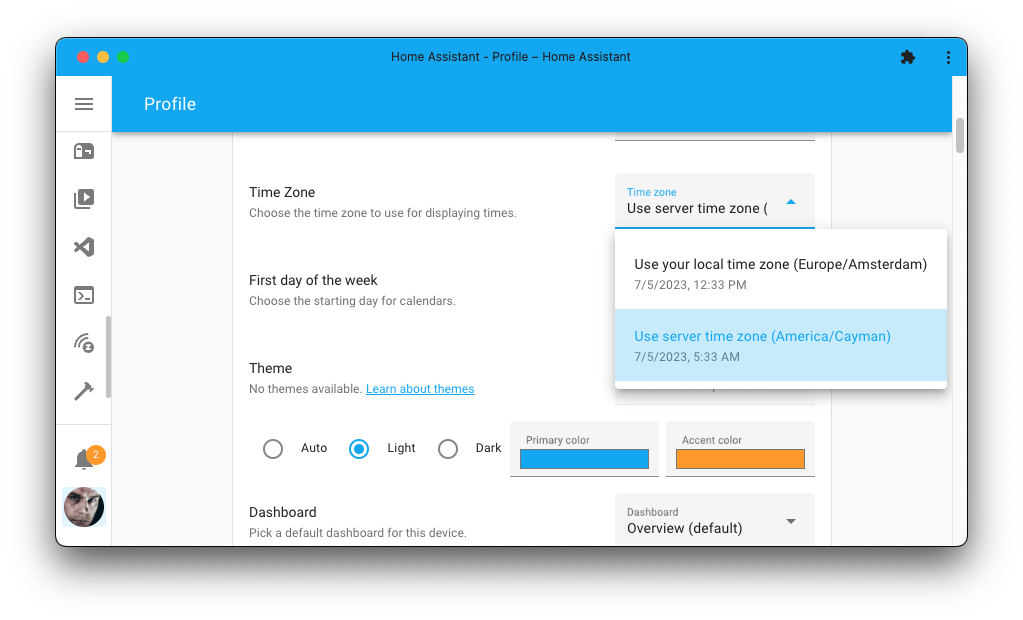Screenshot showing a new option in the user profile, that allows you to choose if you want KS Assistant to use the server or your current timezone.