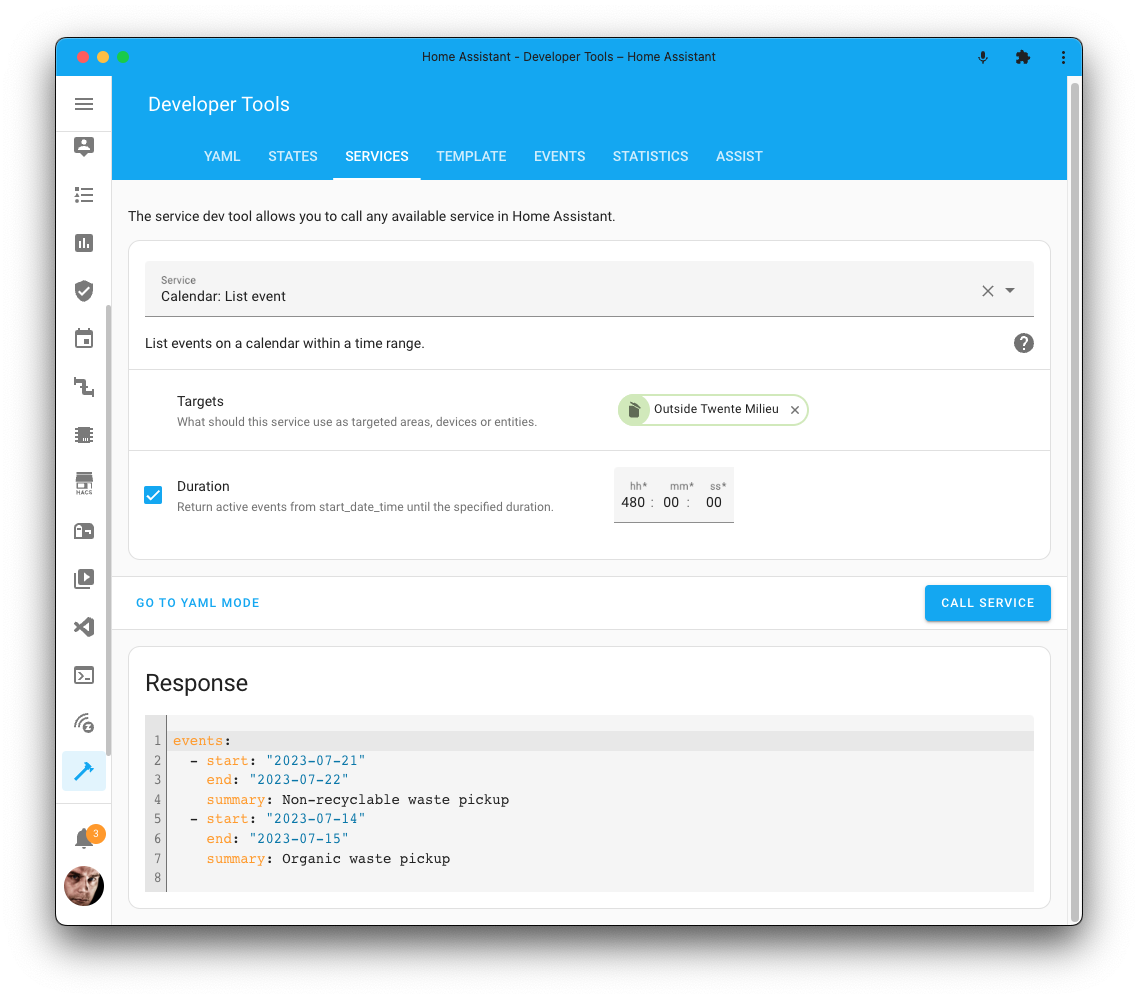 Screenshot showing a response to a service call in the KS Assistant developers tools, listing waste pickup calendar events.