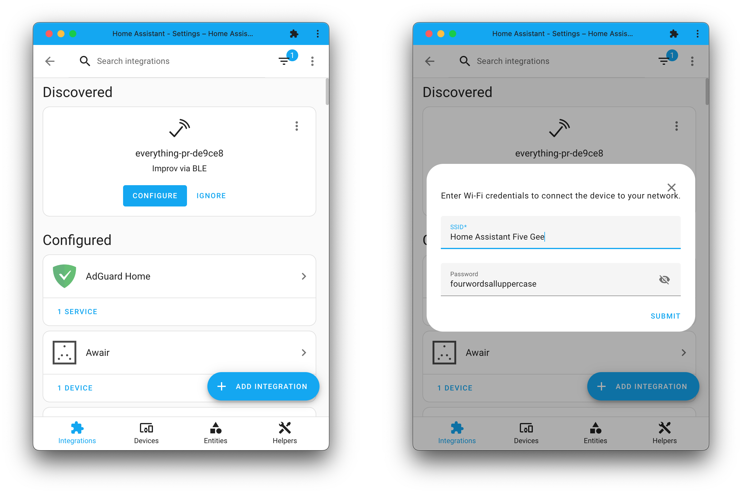 Screenshot showing a discovered Improv Wi-Fi device over Bluetooth, which can be set up and added to your Wi-Fi network straight from KS Assistant.