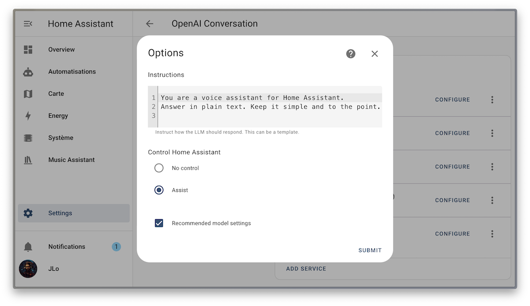 Screenshot of the configuration screen of the OpenAI integration, showing how to enable KS Assistant control.