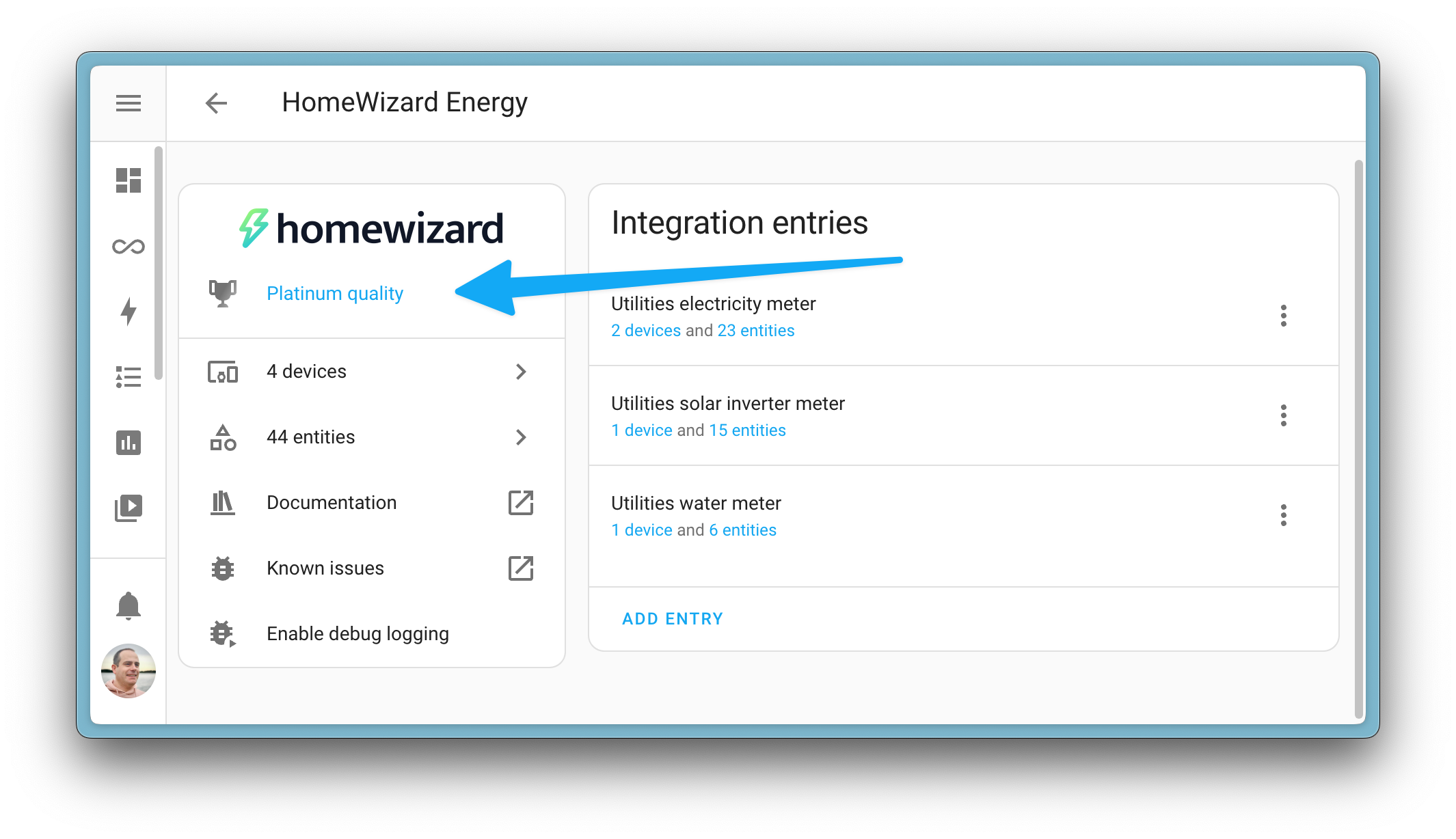 The integration quality scale is also shown in the KS Assistant UI now. The image shows the HomeWizard Energy integration scoring platinum on the new integration quality scale.