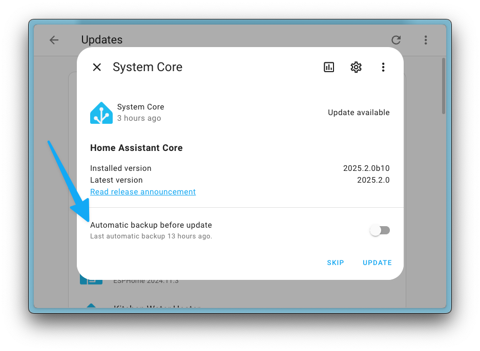 Screenshot showing an KS Assistant Core update dialog, giving the option to make a backup before update.