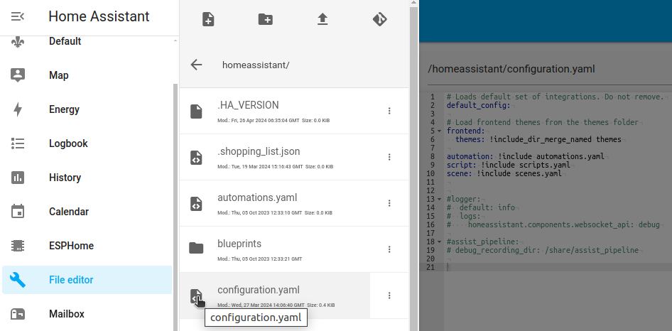 Screenshot of an example of a configuration.yaml file, accessed using the File editor add-on on a KS Assistant Operating System installation.