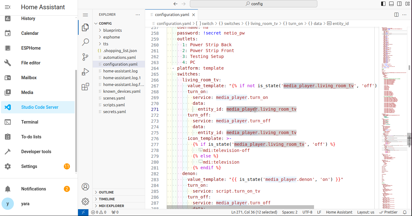 Screenshot of an example of a configuration.yaml file, accessed using the File editor add-on on a KS Assistant Operating System installation.