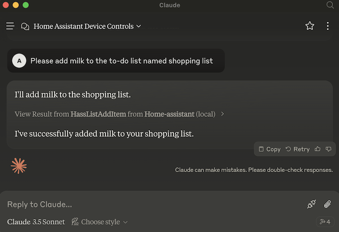 Screenshot of Claude for Desktop adding an item to a KS Assistant To-do list