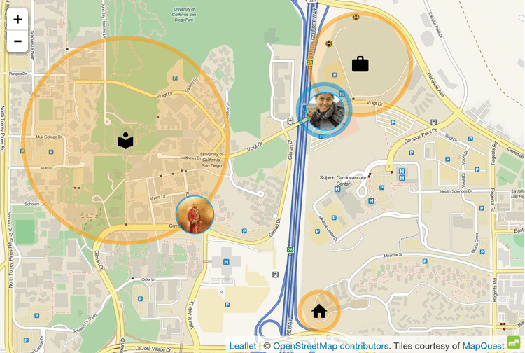 Screenshot of a map dashboard in KS Assistant showing a school, work and home zone and two people.